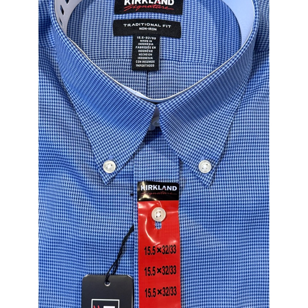 NEW Kirkland Signature Mens Traditional Fit Non-Iron Dress Shirt Blue 15.5 32/33